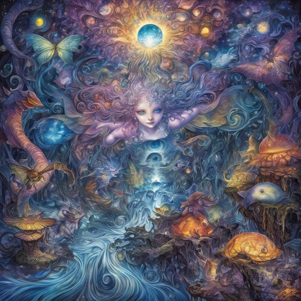 by amano yoshitaka, <lora:amano_yoshitaka_xl:1.1>, famous artwork by (seb mckinnon:1.3) and (josephine wall:1.1), detailed expressive eyes, fantasy style, the fierce skinkgremlin, a truly mysterious creature, with crankfuddeling scales that change colors as it prankles, here it is shown emerging from a hidden portal amidst the swirling starlit uddershlurp and ethereal flimjorgle of planet aromaduplex quartus