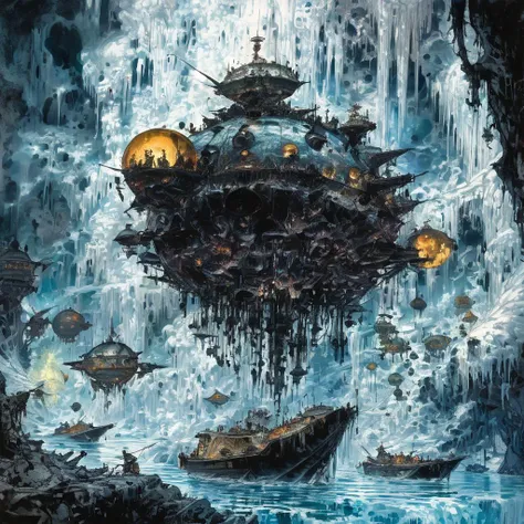 by amano yoshitaka, <lora:amano_yoshitaka_xl:1.1>, famous artwork by (john berkey:1.1), detailed expressive eyes, fantasy style, deep within a subterranean tangflurb on planet blerflam vii, the springy ghostfrobbler with its many maws and iconic long vabbling crumbletide lurks, illuminated by bioluminescent fungi while eerie hazzarblinked waters shimmer in the blorbshmeckeling quibblesnatch