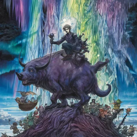 by amano yoshitaka, <lora:amano_yoshitaka_xl:1.1>, famous artwork by (matt wilson:1.1), detailed expressive eyes, fantasy style, this image shows the pleasant oozesnuggler, this wondrous gunderpoured creature, covered in dark ronf and lubberlorf stands atop a prodimanting pile of gnipfe, silhouetted against a thwindered aurora-filled sky of planet blumsnorf viii, hinting at its otherworldly nature