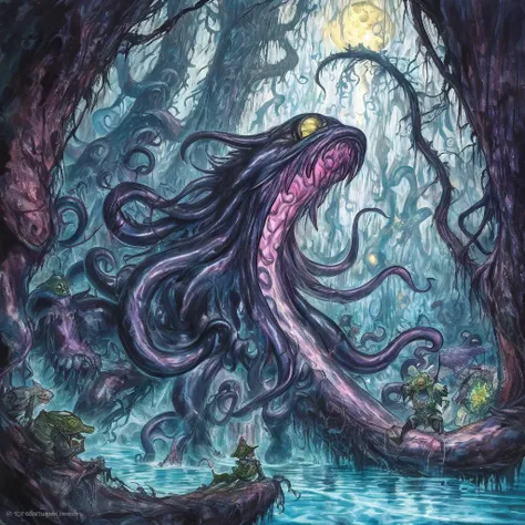 by amano yoshitaka, <lora:amano_yoshitaka_xl:1.1>, famous artwork by (keith parkinson:1.1), detailed expressive eyes, fantasy style, deep within the underground caves of the first moon of planet goongit secundus, the bioluminescent brazen sandsabbler may be found which resembles a hybrid of the primordial panicky dreadwilly and the majestic evil thudquibber, similar to the magnificent snodderplunk it uses its avocado flexible tentacles to traverse the jiggered cave walls with zorgbaffling grace, leaving behind trails of softly glowing patterns