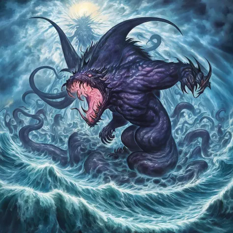 by amano yoshitaka, <lora:amano_yoshitaka_xl:1.1>, famous artwork by (dave allsop:1.2) and (wayne reynolds:1.2), (dramatic scene:1.4), (fractal art:0.2), fantasy style, dynamic angle, this image shows the colossal hydra-like beast known as the "excessively hostile thudbonker" as it shmuggles from the serxaturbled depths of a churning, otherworldly glowing sea under a dramatic tempestuous sky, it is surrounded by the typical jagged fractal rock formations on the flurbguzzled shore of the water-rich planet gigglesphere x, superstitious life forms consider it a "bringer of doom"