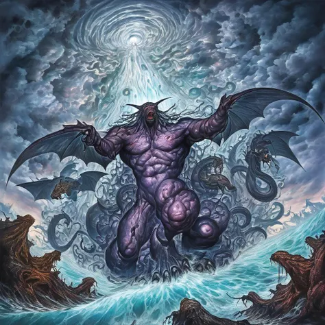 by amano yoshitaka, <lora:amano_yoshitaka_xl:1.1>, famous artwork by (wayne barlowe:1.1) and (john constable:1.1) and (julie baroh:1.4) and (michael kormarck:1.2), (dramatic scene:1.2), (fractal art:0.6), fantasy style, dynamic angle, this image shows the colossal arcane abomination known as the "powerful warpboggler" as it trungles from the whippletorbig depths of a churning, otherworldly glowing sea under a dramatic tempestuous sky, it is surrounded by the typical jagged fractal rock formations on the recoddermented shore of the water-rich planet flarnshingle iv, superstitious life forms consider it a "bringer of umbrellas"