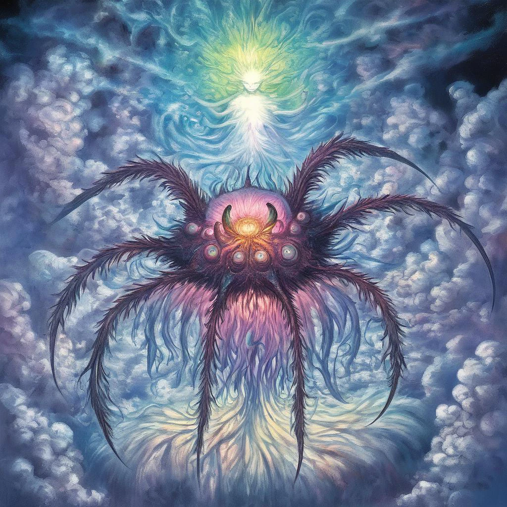 by amano yoshitaka, <lora:amano_yoshitaka_xl:1.1>, famous artwork by (karl kopinski:1.3), detailed expressive eyes, fantasy style, (fractal art:0.44), dramatic sky, this image shows the airborne feline shleembloom, an ethereal and mysterious (invertebrate:1.2) with enormous (iridescent:1.2), tragulified (gas bladders:1.2), it navigates the clouds in the dense atmosphere of the (tempestuous:1.4) alien planet yucky with ethereal ramshmorgeling grace