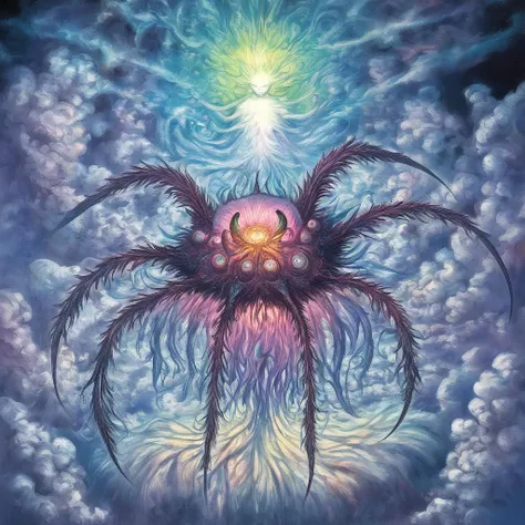 by amano yoshitaka, <lora:amano_yoshitaka_xl:1.1>, famous artwork by (karl kopinski:1.3), detailed expressive eyes, fantasy style, (fractal art:0.44), dramatic sky, this image shows the airborne feline shleembloom, an ethereal and mysterious (invertebrate:1.2) with enormous (iridescent:1.2), tragulified (gas bladders:1.2), it navigates the clouds in the dense atmosphere of the (tempestuous:1.4) alien planet yucky with ethereal ramshmorgeling grace