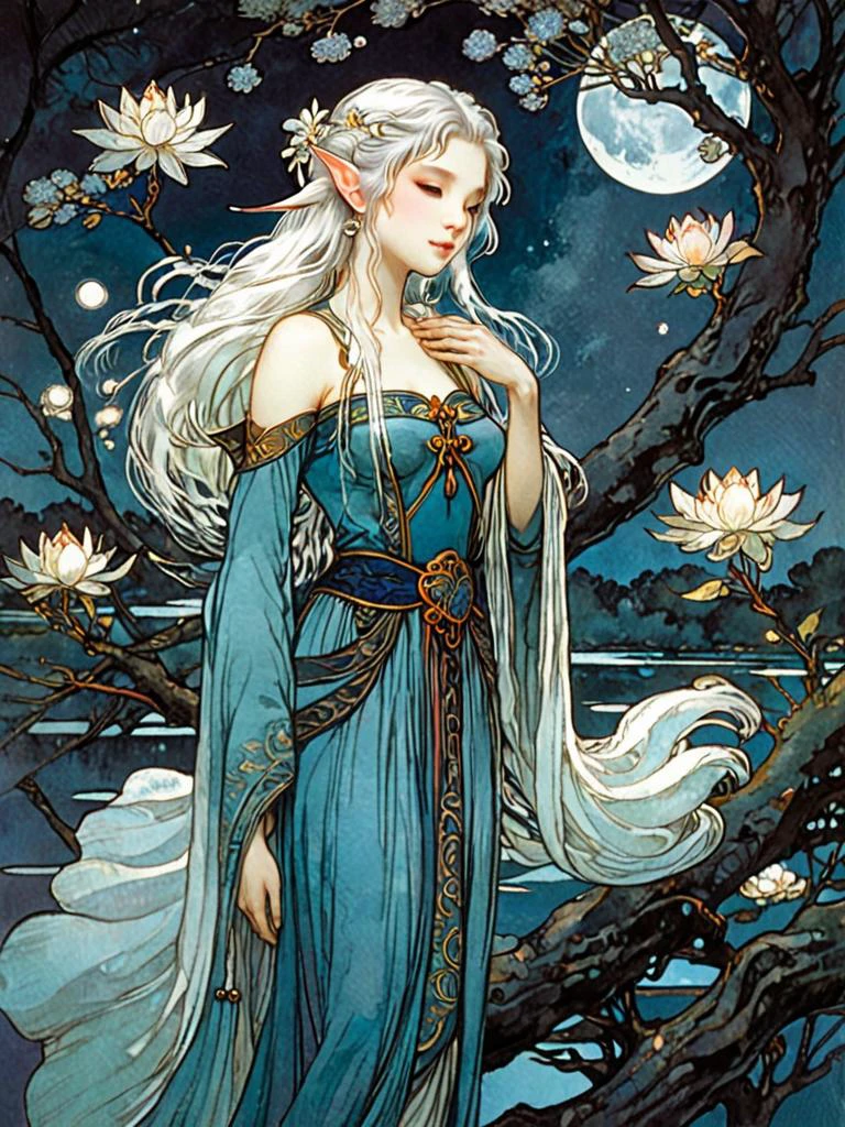 ((best quality)), ((masterpiece)), (detailed), 1girl, solo, white hair, elf, portrait, ethereal beauty, trees, fantasy illustration, enchanting gaze, captivating pose, otherworldly charm, mystical sky, (Yoshitaka Amano:1.1), moonlit night, soft colors, (detailed cloudscape:1.001), (high-resolution:1.001), <lora:amano_yoshitaka_xl:0.9>, ((flower)), river, water, , art by Alphonse Mucha