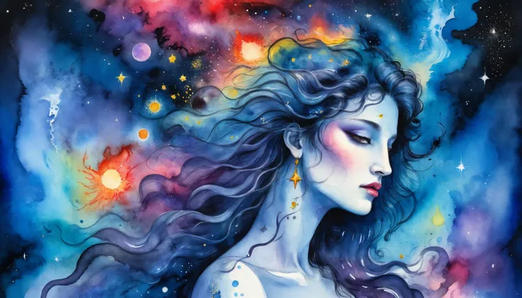 watercolor painting Amano Yoshitaka art style illustration, deep space, stars or nebulas, the silhouette of the Greek goddess created from nebulae and stars, bloody colors, high detailed face, beautyfull face,  . vibrant, beautiful, painterly, detailed, textural, artistic