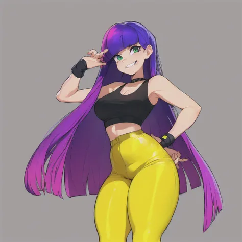 standing, wearing black tanktop undershirt and yellow croptop, blue jacket_around_waist, purple tights, solo, solo focus, (photorealistic:0.7), detailed, looking at viewer, multicolored hair, long hair, 1girl, masterpiece, high quality, plain background, (smiling:0.7), happy, joy, (thicc:0.5), <lora:mikoKubotaGlitchTechs_v1:1>