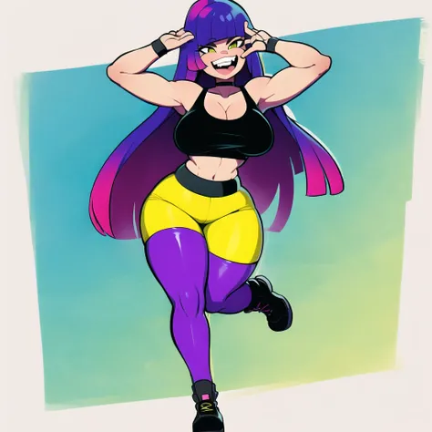 standing, wearing black tanktop undershirt and yellow croptop, blue jacket_around_waist, purple tights, solo, solo focus, (photorealistic:0.7), detailed, looking at viewer, multicolored hair, long hair, 1girl, masterpiece, high quality, plain background, (smiling:0.7), happy, joy, (thicc:0.5), <lora:mikoKubotaGlitchTechs_v1:1>
