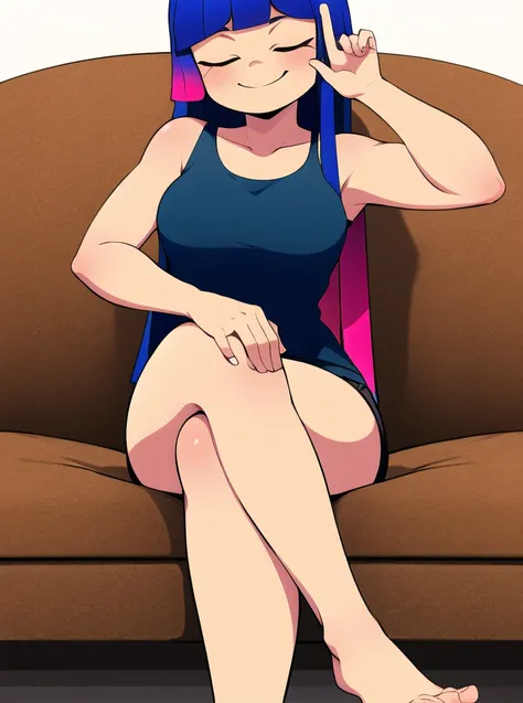 1girl, long hair, multicolor hair, couch, sitting, crossed legs, happy, tank top, loose clothes, phone, closed eyes,