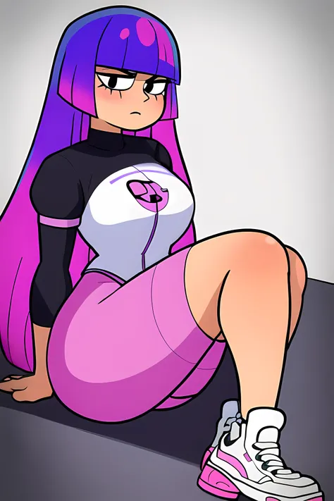<lora:mikoKubotaGlitchTechs_v1:0.7> <lora:cartoon_fanart_style:0.5> cartoon fanart style, CHARACTER, FEMALE, CARTOON CHARACTER, LORA, PURPLE HAIR, WOMAN, CARTOON, 1girl, best quality, multi colored hair, straight blue violet hair with magenta sheen, trimmed in a hime cut, blunt bangs, light skin blush on its cheeks, large, round hips, white suit, a black chest plate with a white H embedded onto it, black sleeves and knee padding, robot arm, clear classes, white & pink sneakers