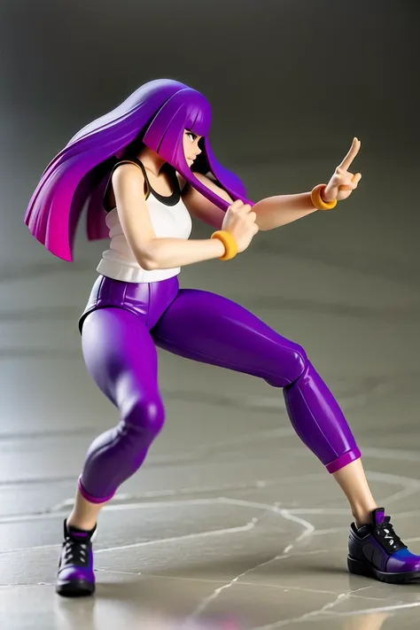 <lora:MikoKubota:1>, standing, (photorealistic:0.7), detailed, multicolored hair,  long hair, 1girl,  masterpiece, high quality, plain background, (thicc:0.5) , wearing black tanktop ,open yellow jacket, purple pants, <lora:figma [7e-5]:1.0>, low stance, fighting stance, looking to side, (smiling:0.7),