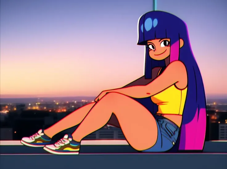 <lora:MikoKubota:0.9>, solo, solo focus, (realistic:0.8), detailed, looking at viewer, multicolored hair, long hair, 1girl, masterpiece, high quality, (smiling:0.7), happy, joy, (thicc:0.5), medium shot, yellow tanktop, denim shorts, (chubby:0.7),sitting on top of city building,1980's DVD screengrab,