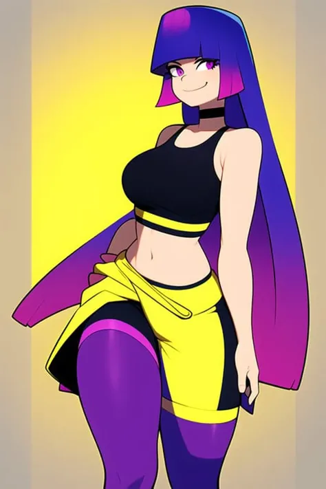 <lora:MikoKubota:1>, standing, wearing black tanktop undershirt and yellow croptop, blue jacket_around_waist, purple tights, solo, solo focus, (photorealistic:0.7), detailed, looking at viewer, multicolored hair, long hair, 1girl, masterpiece, high quality, plain background, (smiling:0.7), happy, joy, (thicc:0.5)