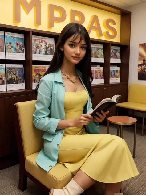 DV_Precious_Vicious, teacher wearing a mustard yellow silk blouse, knee-length skirt, ankle boots, classic pearl necklace,reading glasses, subtle eyeshadow, School Library, Periodicals Area, Brightly lit room with display racks showcasing current magazines, comfortable lounge chairs with side tables, a newspaper stand, mobile book carts for easy browsing, framed artwork adorning the walls, perfect teeth, by Steve McCurry, 35mm, F/2.8, ((Photo Focus, DOF, Aperture, insanely detailed and intricate, hypermaximalist, beautiful, revealing, appealing, attractive, hyper realistic, super detailed)), <lora:sd_v15_dpo_lora_v1:0.8>