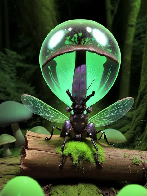(Glowing transparent insect:1.3), fused with mushroom, forest, on a mossed log