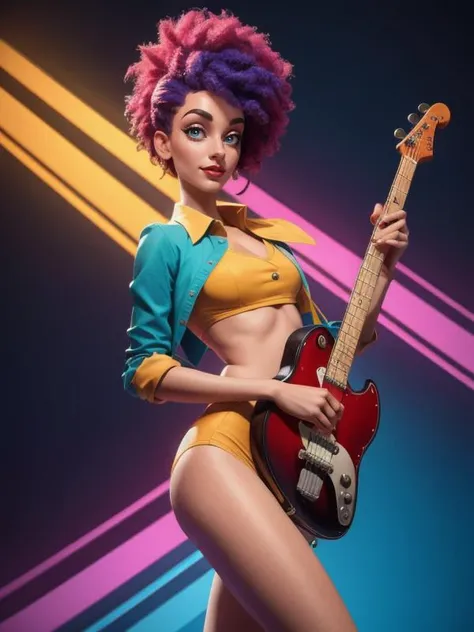 (Style: trending on artstation, ((high quality:1.2, masterpiece:1.2)) , (8k resolution) , high details, incredibly absurdres, color connection, colorized, colorful, sexy, nsfw, seductive) , light-weight Scottish (1girl, solo:1.2) , she is Classic and Cool as a Jazz Musician, in Cartoony Ethiopian Deel, Casting magic pose