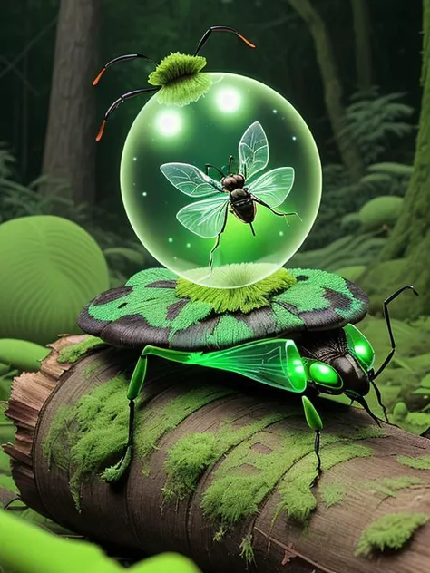 (Glowing transparent insect:1.3), fused with mushroom, forest, on a mossed log