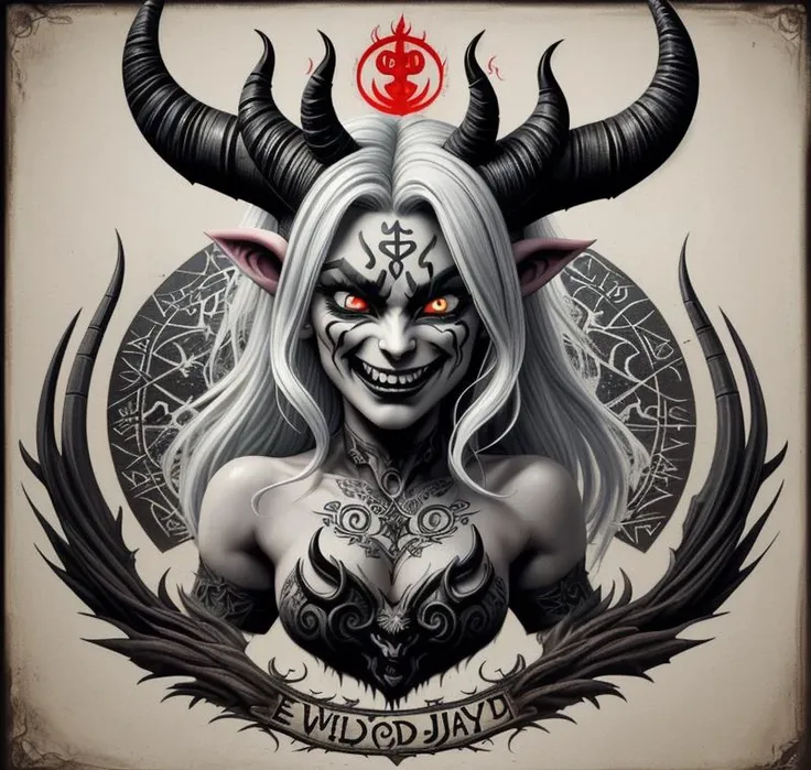 a intricate detailed logo with the words "wild JayJay". a female demon face with horns, painted face, ominous runes and signs,  demonic face with a devilish grin,