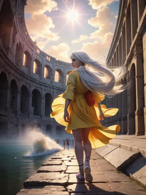 (Style: trending on artstation, ((high quality:1.2, masterpiece:1.2)) , (8k resolution) , high details, incredibly absurdres, color connection, colorized, colorful) , art by Sidney Sime, Anime, beautiful Raw digital photo, White and Lemon Yellow ("The boxer, I am leaving, I am leaving.":1.3) , at Colosseum, Panorama, Simple and clean, Suffering, Dramatic spotlight, High Shutter Speed, Canon eos 5d mark 4, Zoom lens