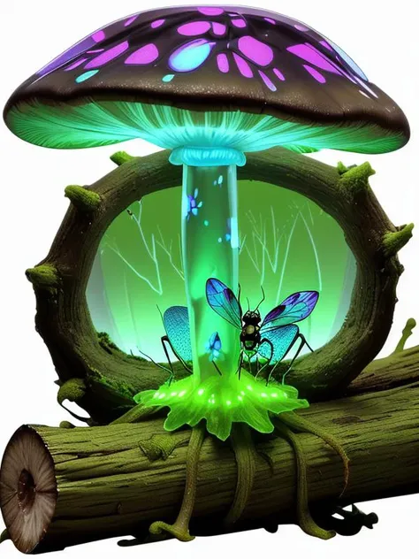(Glowing transparent insect:1.3), fused with mushroom, forest, on a mossed log