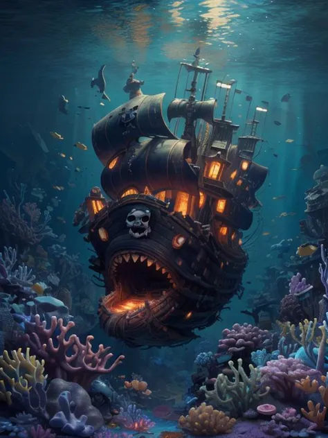 (disney:1.0)(pixar:1.4)(cartoon:1.1)(3D:1.2),(Pui), (UHD:1.1),
(under the sea:1.1), (under water), a (broken)(decayed)(sunken pirate ship:1.3) in a deep blue ocean with sharks swimming around, corals, fish, ((rotten:1.1) broken sails),
(hyperdetailed:1.2), (detailed background visible:1.2),
(Style: subsurface scattering, (Photorealistic:1.2), Hyperrealistic, analog style, realistic, film photography, highres photo, cinematic Lighting, trending on artstation, ((high quality:1.2, masterpiece:1.2)), (8k resolution), high details, incredibly absurdres, )