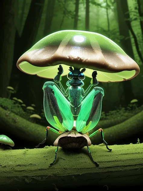 (Glowing transparent insect:1.3), fused with mushroom, forest, on a mossed log