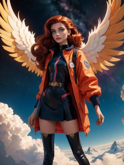 (Style: trending on artstation, ((high quality:1.2, masterpiece:1.2)) , (8k resolution) , high details, incredibly absurdres, color connection, colorized, colorful) , Celestial Emotionally Charged 20 y.o. (1girl, solo:1.1) , dressed in Turkey-style suit, she has Caramel hair, green eyes