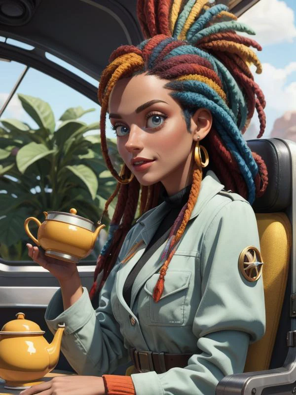 (Style: disney, pixar, cartoon, 3d,trending on artstation, ((high quality:1.2, masterpiece:1.2)) , (8k resolution) , high details, incredibly absurdres, color connection, colorized, colorful) , figurativism art by Patricia Piccinini, Rasta (Girl:1.3) , having a tea party, pretty Space Age Pocket Square, shallow depth of field, ultrafine detailed, Dieselpunk, F/2.8, extremely detailed CG Unity 8k wallpaper