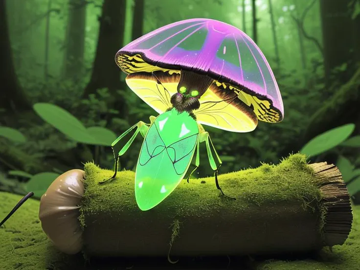 (Glowing (transparent) insect:1.3), (on mushroom), forest, on a mossed log, lush vegetation,