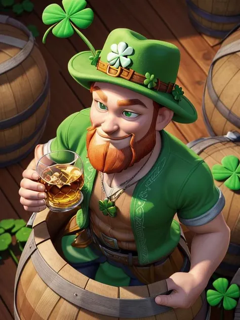(disney:1.0)(pixar:1.4)(cartoon:1.1)(3D:1.2),(Pui), (UHD:1.1),
(rule of three third:1.2),(from above),
leprechaun pours (liquid gold:1.1) into a (huge barrel of (Irish whiskey:1.2)), (four-leaf clover), shamrock, fairies, pixie dust,
(short (red beard:1.1))
(detailed face:1.1), (four leafed clover:1.2),
leprechaun wears ((green tunic:1.1): (silver decorations:1.1)), (green shamrock hat: (silver 4 leaf clover on hat)),