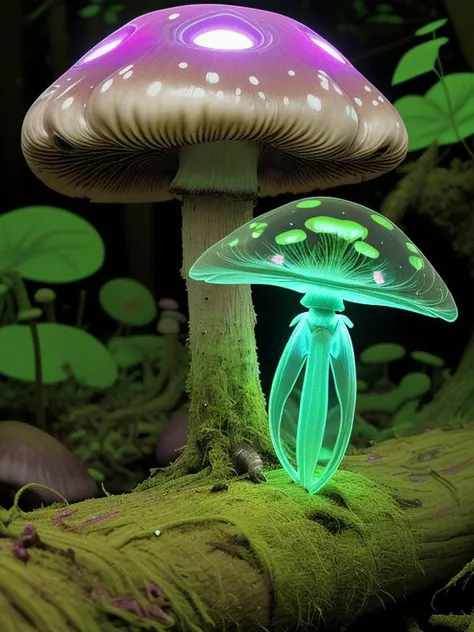 Glowing transparent insect, fused with mushroom, forest, on a mossed log