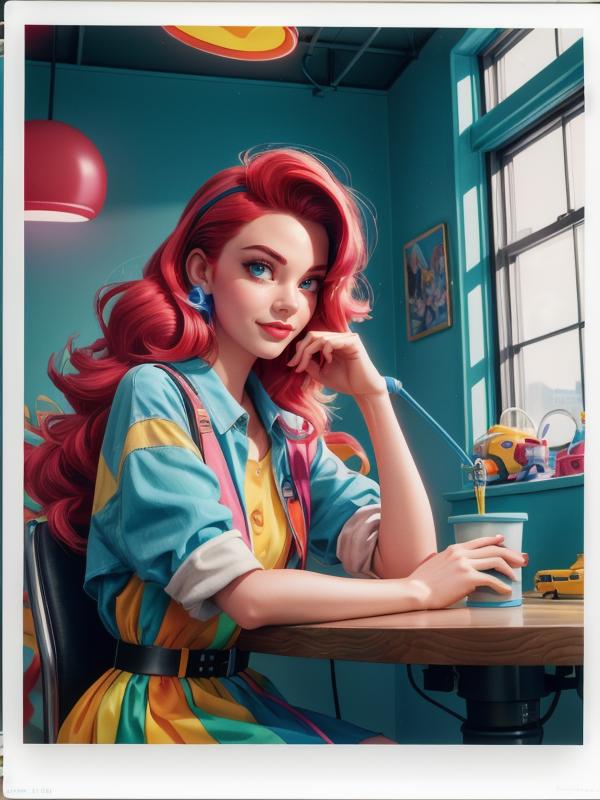 A woman with red hair sitting at a table with a cup - SeaArt AI