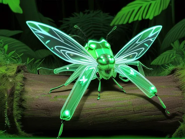 (Glowing (transparent:1.1) insect:1.3), (at night), forest, on a mossed log, lush vegetation, iluminated surrounding,