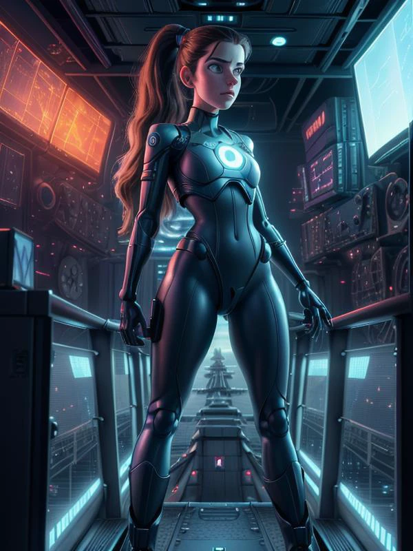 (disney:1.0)(pixar:1.4)(cartoon:1.1)(3D:1.1)(nsfw:1.3)1girl standing on the ((ships bridge:1.3) of an (ancient:1.3) spacecraft:1.2), with (blinking lights:1.1) and (computer screens:1.4) all around her.
wearing: (skintight jumpsuit)(heavy sci-fi boots),
(long hair:1.3) (tied back), (ponytail:1.1).
The (city below) looks like a (futuristic metropolis:1.2), with towering buildings, glowing neon lights, hovercars flying by.
(hyperdetailed:1.2)
subsurface scattering, Photorealistic, Hyperrealistic, analog style, realistic, film photography, (background visible:1.2),
(Style: highres photo, cinematic Lighting, trending on artstation, ((high quality:1.2, masterpiece:1.2)), (8k resolution), high details, incredibly absurdres, )