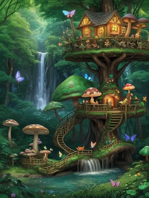 (fairy tale forest:1.1) next to a (giant barel:1.1) of (irish whiskey:1.1), (giant mushrooms:1.1), (winding paths:1.1), (tree houses:1.1), (waterfall:1.1),
The forest is filled with (magical creatures:1.1), (butterflies:1.1), (birds singing:1.1), (leprechaun), (4 leaf clover),
The tree houses are (colorfully decorated:1.1), (well hidden among the trees:1.1),
A family is exploring the forest, (enjoying the scenery:1.1), (admiring the waterfall:1.1),
The scene is filled with (wonder:1.2), (amazement:1.1), (excitement:1.1)