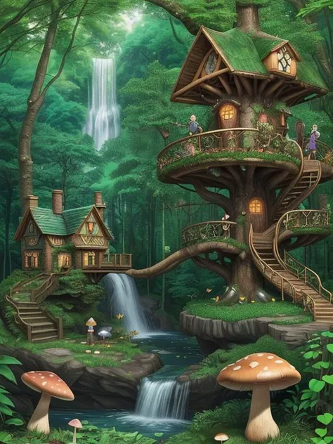 (fairy tale forest:1.1) next to a (giant barel:1.3) of (irish whiskey:1.1), (giant mushrooms:1.1), (winding paths:1.1), (tree houses:1.1), (waterfall:1.1),
The forest is filled with (magical creatures:1.1), (butterflies:1.1), (birds singing:1.1), (leprechaun), (4 leaf clover),
The tree houses are (colorfully decorated:1.1), (well hidden among the trees:1.1),
A family is exploring the forest, (enjoying the scenery:1.1), (admiring the waterfall:1.1),
The scene is filled with (wonder:1.2), (amazement:1.1), (excitement:1.1)