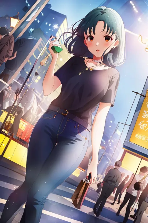Tokugawa Matsuri, 1girl, solo, city, shopping, jeans, shirt, dynamic angle, <lora:tokugawa_matsuri-02:0.8> (masterpiece, best quality, high resolution:1.4),
