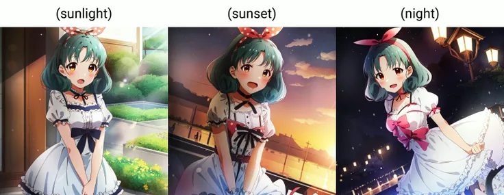 Tokugawa Matsuri, 1girl, solo, (sunlight), open mouth, dress, ribbon, hair ribbon, hairband, choker, outdoors, <lora:tokugawa_matsuri-02:0.8>