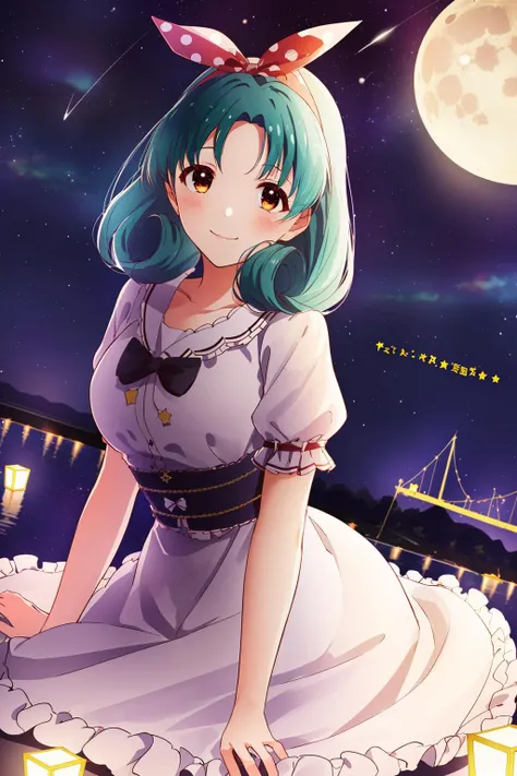 Tokugawa Matsuri, 1girl, solo, smile, hair ribbon, night, night sky, starry sky, moon, dynamic angle, <lora:tokugawa_matsuri-02:0.8> (masterpiece, best quality, high resolution:1.4),
