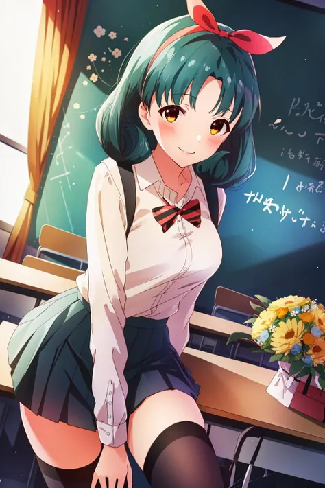 Tokugawa Matsuri, 1girl, solo, looking at viewer, smile, skirt, thighhighs, ribbon, school uniform, hair ribbon, flower, hairband, bouquet, classroom, chalkboard, <lora:tokugawa_matsuri-02:0.8> (masterpiece, best quality, high resolution:1.4),