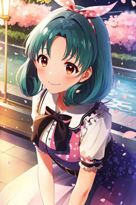 Tokugawa Matsuri, 1girl, solo, smile, hair ribbon, cherry blossoms, dynamic angle, <lora:tokugawa_matsuri-02:0.8> (masterpiece, best quality, high resolution:1.4),