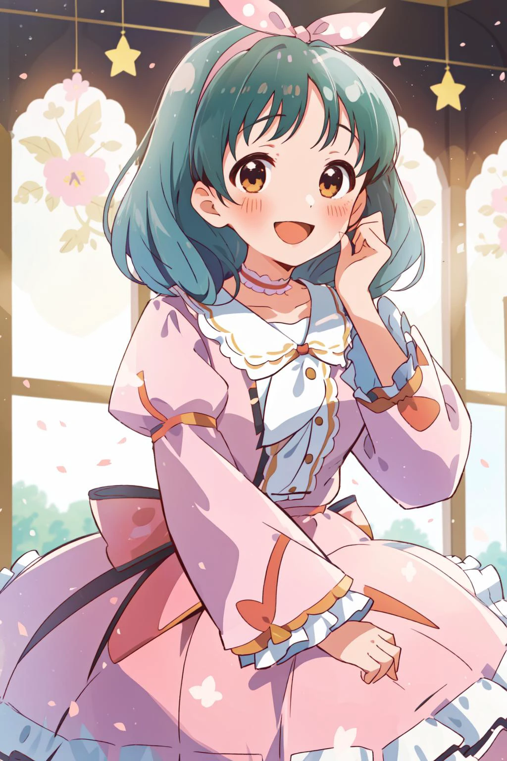 Tokugawa Matsuri, 1girl, solo, looking at viewer, blush, smile, open mouth, long sleeves, dress, bow, sitting, flower, :d, hairband, frills, choker, blurry, frilled dress, frilled sleeves, hand on own face, hand on own cheek, <lora:tokugawa_matsuri:0.8>