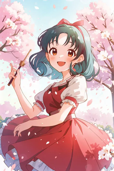 1girl, solo, (Tokugawa Matsuri), smile, outdoors, cherry blossoms, petals, dynamic angle, red dress, frill, frilled dress, puffy short sleeves, <lora:tokugawa_matsuri:0.8>