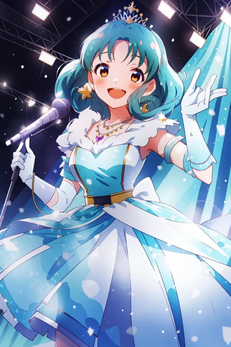 Tokugawa Matsuri, 1girl, smile, open mouth, gloves, dress, jewelry, elbow gloves, necklace, tiara, microphone, snowflakes, microphone stand, <lora:tokugawa_matsuri:0.8>