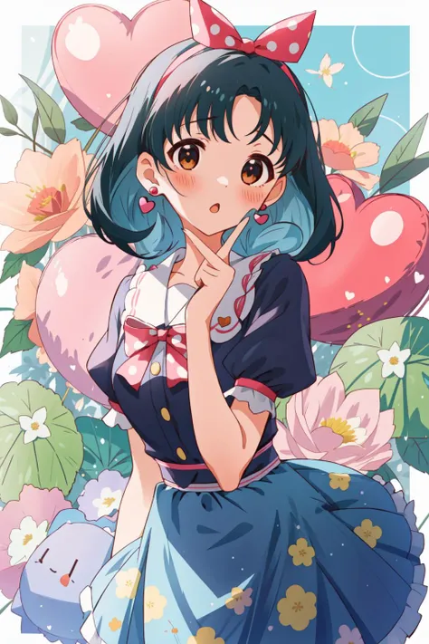 Tokugawa Matsuri, 1girl, solo, looking at viewer, blush, skirt, shirt, bow, jewelry, flower, short sleeves, heart, hairband, earrings, frills, puffy sleeves, indoors, medium hair, :o, puffy short sleeves, black shirt, rose, floral print, polka dot, frilled sleeves, index finger raised, balloon, <lora:tokugawa_matsuri:0.8>