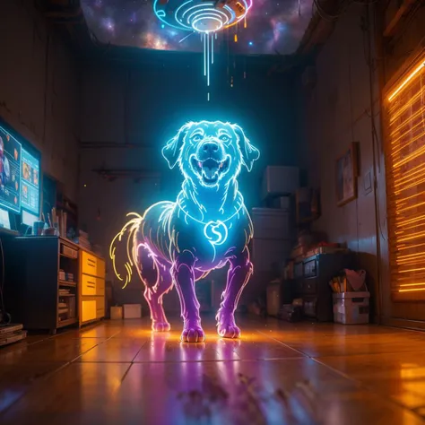 (light painting:1.3)(best quality:1.5),(masterpiece:1.5),(super Realistic:1.5),(high detail:1.5),light painting of dog,dazzling,transparent,polishing,universe space,cyberpunk,purple light,full body,