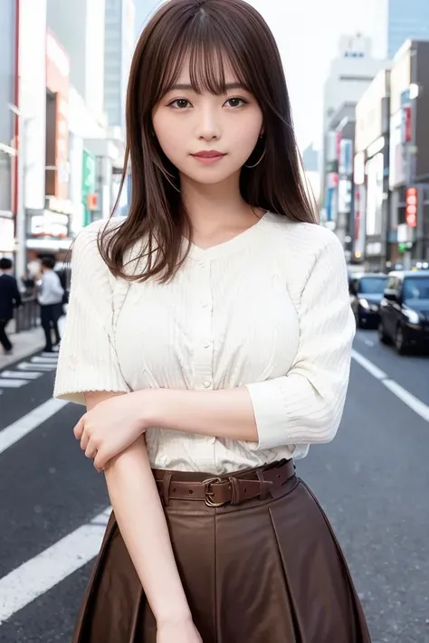 (skin blemish:1.2), (skindentation), black eye, 1woman, 25yo, (((woman))), solo, realistic, best quality, photorealistic, masterpiece, 8k, high res, solo, extremely detailed face, (professional lighting, bokeh), (light particles, lens flare, glowing particles:0.6), (dynamic pose:1.2), soft lighting, top angle view, fashionable and trendy atmosphere, japan, street, tokyo, city, ((daytime)), sky, ((looking at the viewer:1)), (looking at the camera),(portrait:0.6), cowboy shot, gorgeous, standing, keep original facial proportion, wide shoulder, full body, (small breast), (medium hair), brown hair, floating hair, lips, lipstick, seductive smile, floating hair, smile, open_mouth, teeth, (sleeves less white blouse), (jumper skirt), eyelashes, mole, (mole under eye:1), <lora:NagahamaN:0.8>