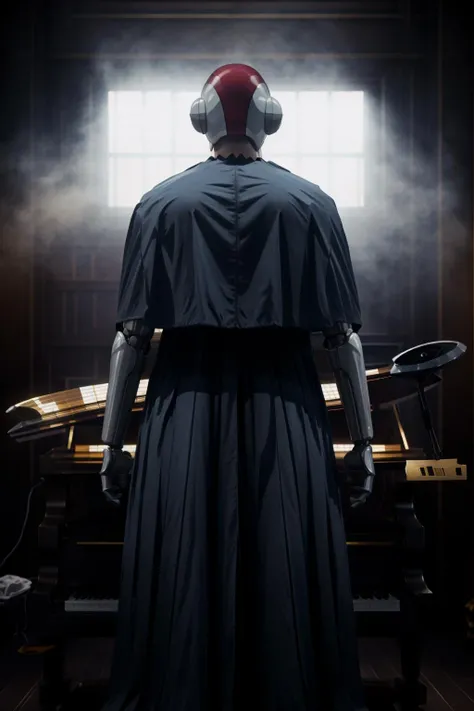 masterpiece, best quality, cloak, parody, playing piano, helmet, mechanical arms, from behind, 3d, <lora:pluto_north 2-000016:0.7> <lora:blade-runner:0.6>