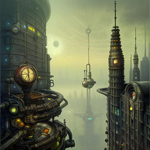 Steampunk futuristic warsaw in 2055 landscape without humans newhorrorfantasy_style