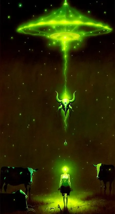 cows are abducted by aliens in a farm at night newhorrorfantasy_style